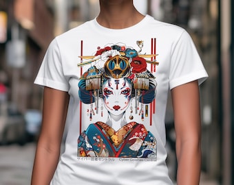 Cyberpunk Geishas Central Heavyweight Cotton Tee, Japanese Cosplay Style, Dystopian Vibe, Gothic Fashion, Cyberpunk Shirt, Cartoon Cyborg