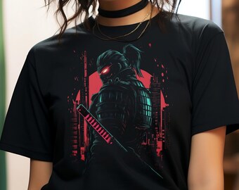 Cyberpunk Samurai Warrior III t shirt, Neon Flux Style Trending Cyber Goth Fashion Aesthetics Shirt Glowing Katana Retro
