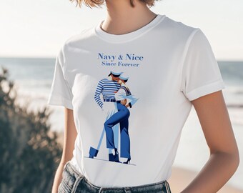 Navy and Nice Premium Cotton Women's Short Sleeved T-shirt, Sailor Glam Vibe style Tee, Sailor Chic Style Tee, Sailor Kiss Tee, Lovely Tee