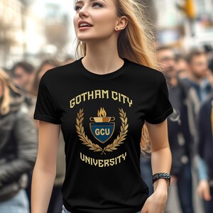 Gotham City University Womens Premium Cotton T-shirts, Classic University Style, Comic Book College, Gotham Fan Shirt, Superhero Gift, Gotham Uniform, superhero apparel,  T-shirt Tee, gift for her, gift for students, Special  gift, Legendary t-shirt, Vintage Cult Movie T-shirt, Womens Bella Canvas Cotton