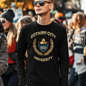 Gotham City University Womens Premium Cotton T-shirts, Classic University Style, Comic Book College, Gotham Fan Shirt, Superhero Gift, Gotham Uniform, superhero apparel,  T-shirt Tee, gift for her, gift for students, Special  gift, Legendary t-shirt, Vintage Cult Movie T-shirt, Womens Bella Canvas Cotton