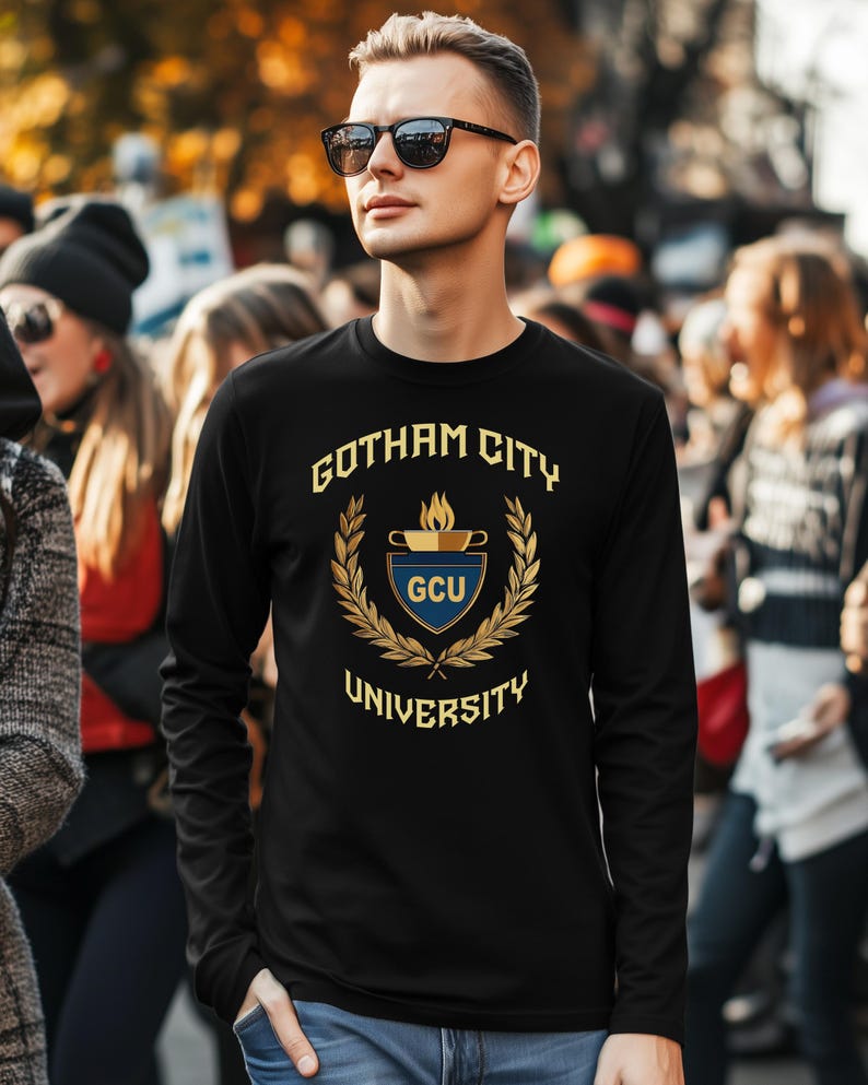 Gotham City University Womens Premium Cotton T-shirts, Classic University Style, Comic Book College, Gotham Fan Shirt, Superhero Gift, Gotham Uniform, superhero apparel,  T-shirt Tee, gift for her, gift for students, Special  gift, Legendary t-shirt, Vintage Cult Movie T-shirt, Womens Bella Canvas Cotton