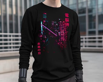 Cyberpunk Samurai II T-Shirts, Neon Flux Trending, Cyber Goth Mode, Cyberpunk Ästhetik Shirt Glowing Katana Retro Cosplay T-Shirt