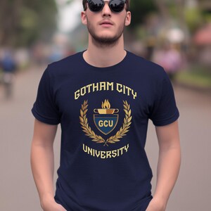 Gotham City University Womens Premium Cotton T-shirts, Classic University Style, Comic Book College, Gotham Fan Shirt, Superhero Gift, Gotham Uniform, superhero apparel,  T-shirt Tee, gift for her, gift for students, Special  gift, Legendary t-shirt, Vintage Cult Movie T-shirt, Womens Bella Canvas Cotton