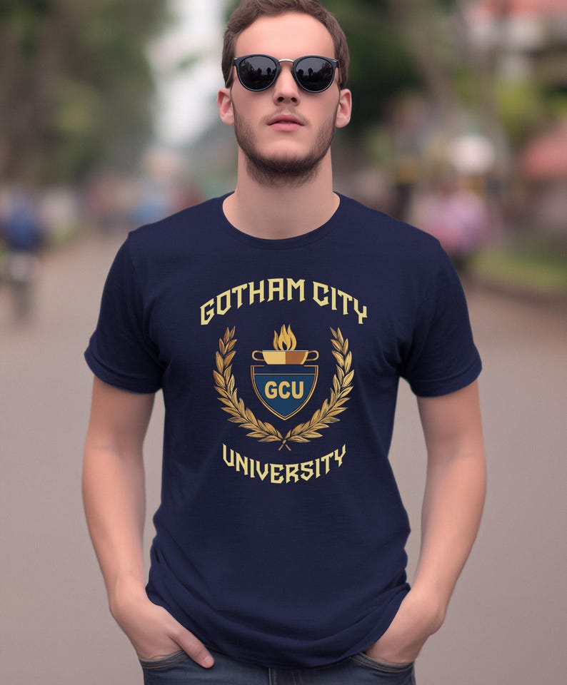Gotham City University Womens Premium Cotton T-shirts, Classic University Style, Comic Book College, Gotham Fan Shirt, Superhero Gift, Gotham Uniform, superhero apparel,  T-shirt Tee, gift for her, gift for students, Special  gift, Legendary t-shirt, Vintage Cult Movie T-shirt, Womens Bella Canvas Cotton