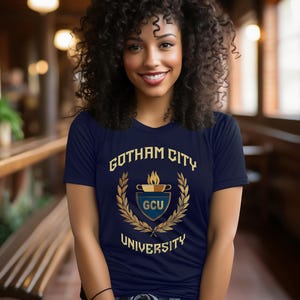 Gotham City University Womens Premium Cotton T-shirts, Classic University Style, Comic Book College, Gotham Fan Shirt, Superhero Gift, Gotham Uniform, superhero apparel,  T-shirt Tee, gift for her, gift for students, Special  gift, Legendary t-shirt, Vintage Cult Movie T-shirt, Womens Bella Canvas Cotton