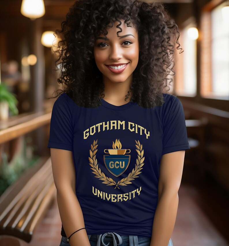 Gotham City University Womens Premium Cotton T-shirts, Classic University Style, Comic Book College, Gotham Fan Shirt, Superhero Gift, Gotham Uniform, superhero apparel,  T-shirt Tee, gift for her, gift for students, Special  gift, Legendary t-shirt, Vintage Cult Movie T-shirt, Womens Bella Canvas Cotton
