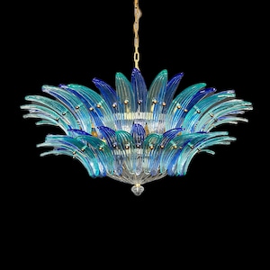 Murano Chandelier  ceiling light Original Palmette on  two levels - 82 turquoise and blue  glasses