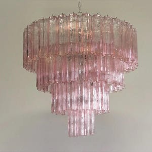 Murano Chandelier – 4-Tier Pink Glass Tubes – Nickel Star Structure – Mid Century Italian Lighting – Statement Pendant Light
