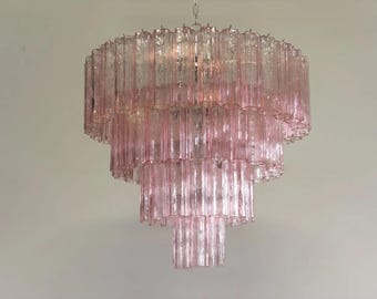 Murano Chandelier – 4-Tier Pink Glass Tubes – Nickel Star Structure – Mid Century Italian Lighting – Statement Pendant Light