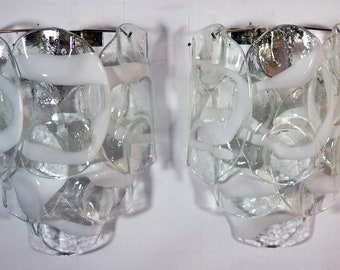 Pair of Sconces with 6 Murano glasses in Crostoli lattimo transparent - Italian