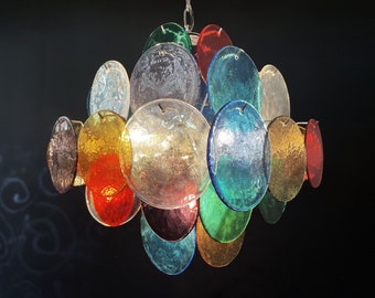 1970’s Italian Murano Vistosi style chandelier - 36 multicolored disks