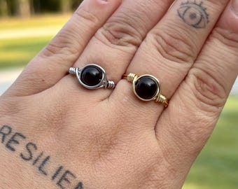 Black Beaded Wire Ring