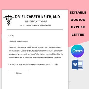 Nota de excusa del médico, carta de licencia por enfermedad, carta de condición médica para la escuela, trabajo, descarga instantánea