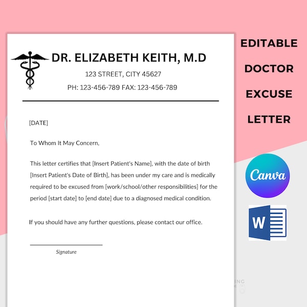 Doctor's Excuse Note, Sick Leave Letter, Medical Condition Letter for School, Work, Instant Download