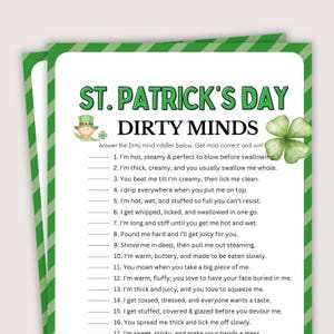 May include: A St. Patrick's Day themed game card with the text "Dirty Minds" and a list of riddles. The card has a green border and features shamrocks and a leprechaun graphic.
