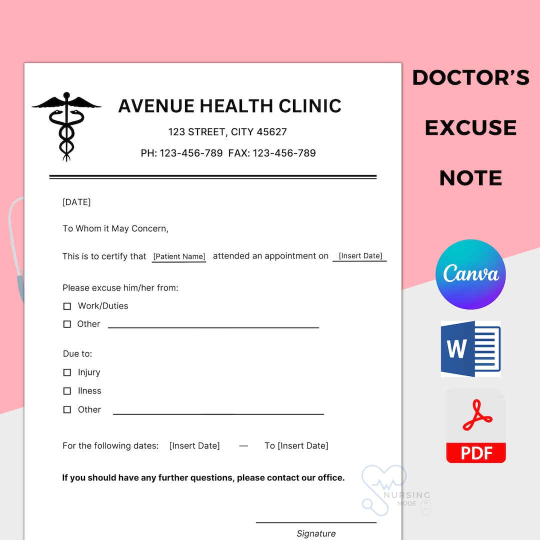 Editable Doctors Excuse Note Template, Medical Excuse Letter for Work ...