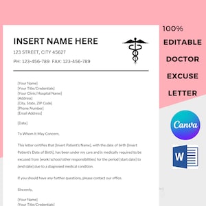 Nota de excusa del médico, Carta de licencia por enfermedad por trabajo escolar, Carta de excusa médica, Nota de excusa del hospital, Descarga instantánea