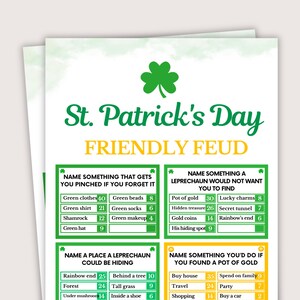 Könnte beinhalten: Ein St. Patrick's Day Friendly Feud-Spielblatt mit grünen Kleeblatt-Akzenten. Das Spiel enthält Kategorien wie "Nennen Sie etwas, das Sie kneift, wenn Sie es vergessen" und "Nennen Sie etwas, das ein Leprechaun nicht finden möchte."