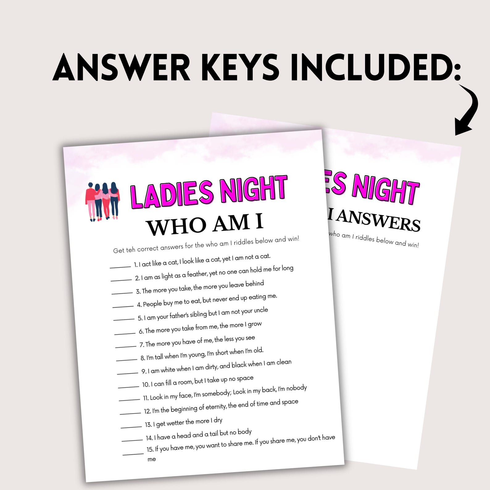 Goodnight Riddle Ladies Night Game, Who Am I Riddles, Printable Girls Night in Game ...