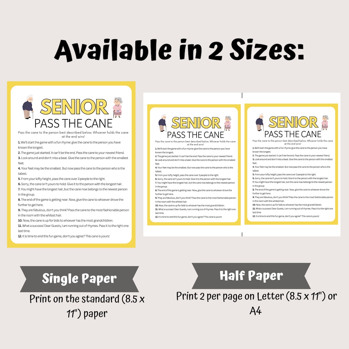 Pass the Senior Cane Game, Printable Game for Seniors, Senior Citizen ...