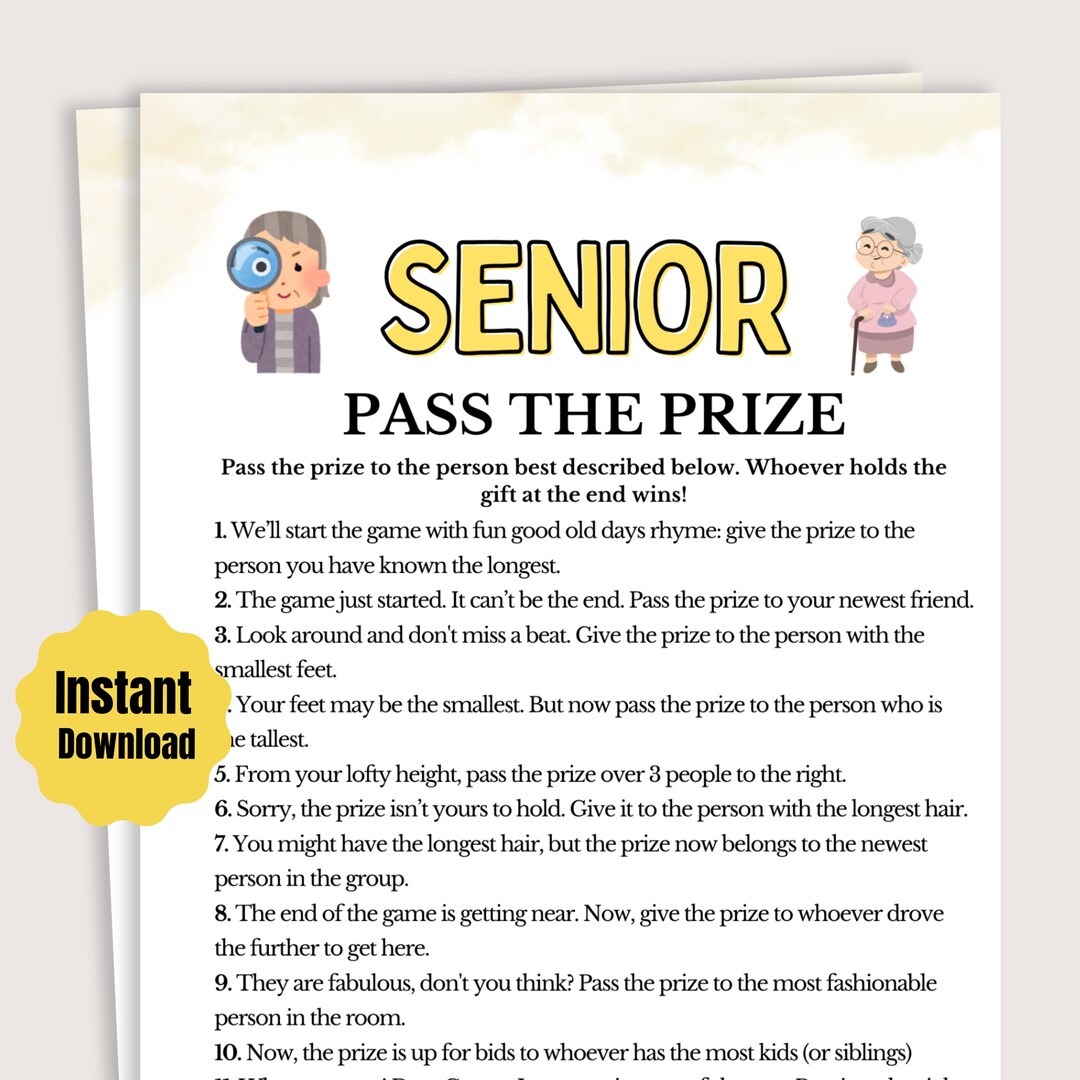 Senior Pass the Prize Game, Fun Senior Citizen Activity, Printable ...