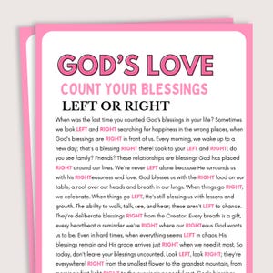 Könnte beinhalten: Eine rosa-weiße Karte mit den Worten "GOD'S LOVE" und "COUNT YOUR BLESSINGS LEFT OR RIGHT". Der Text ermutigt zur Reflexion über Segnungen und Dankbarkeit.