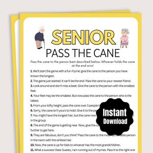 May include: A yellow card with the text "SENIOR PASS THE CANE" and game instructions. The card features illustrations of an elderly man and woman with canes. A black sticker says "Instant Download".