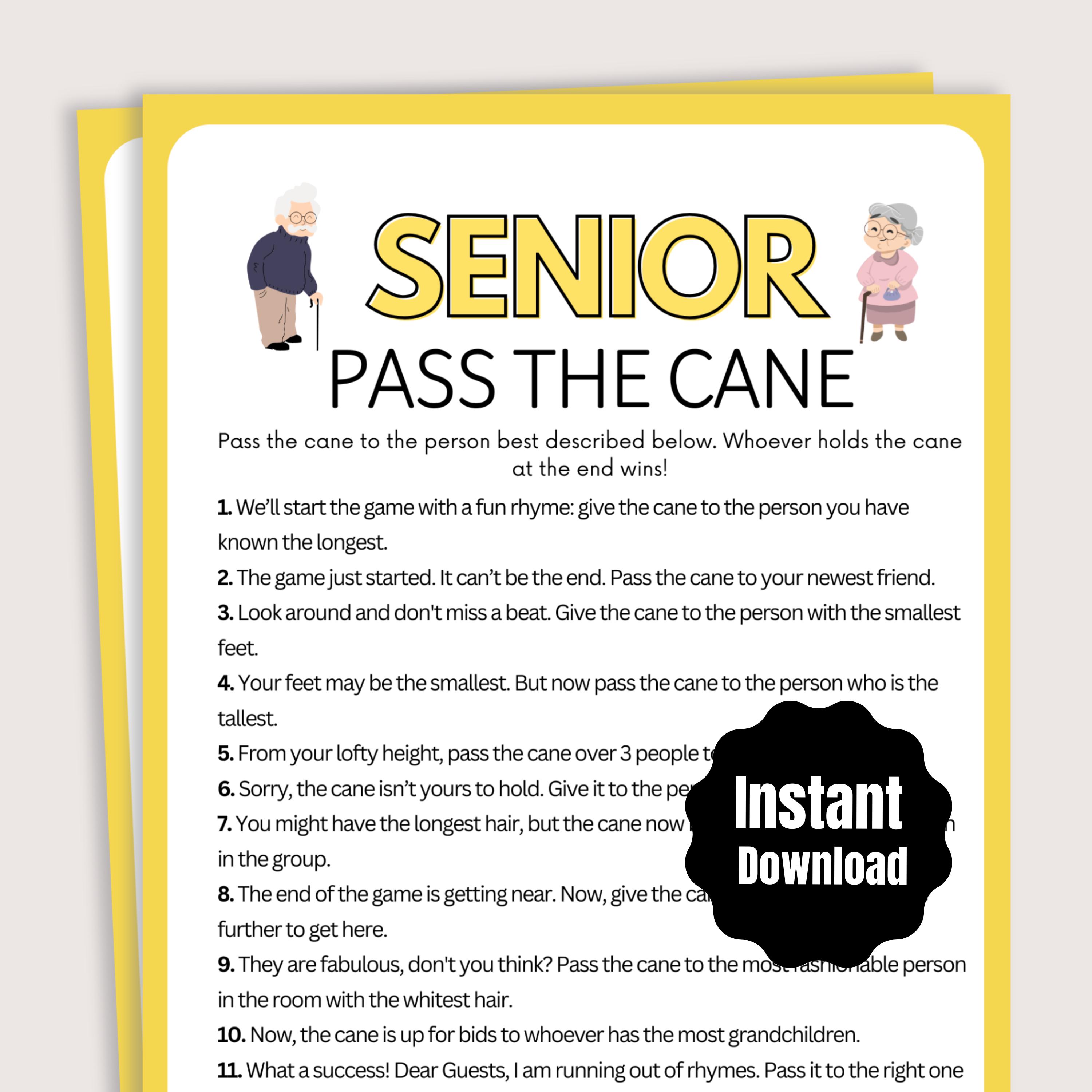 Pass the Senior Cane Game, Printable Game for Seniors, Senior Citizen ...