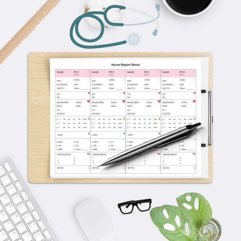 Editable ER Nurse Report Sheet, ER Nurse Brain, 4 Patients Med Surg