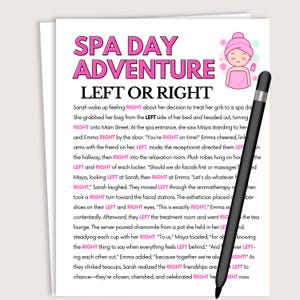 May include: A spa day themed greeting card with the text "SPA DAY ADVENTURE LEFT OR RIGHT" in pink and white. A black stylus pen is on the right side of the card. The card has a cartoon illustration of a woman with a towel on her head.