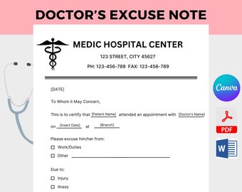 Modèle de note d’excuse des médecins PDF Canva MS Word, Note du médecin modifiable, Téléchargement instantané