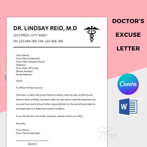 Puede incluir: Plantilla de carta de excusa médica con un símbolo médico, un estetoscopio y el texto "DOCTOR'S EXCUSE LETTER" en negro sobre fondo blanco.