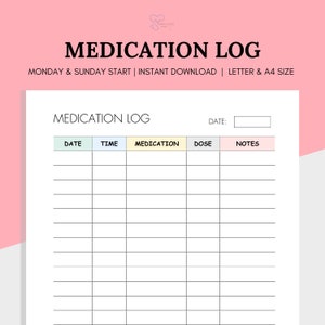 Medikationstagebuch, druckbare Medikationsliste, Medikationsplan Vorlage, Medizin Intake Tracker, A4 und Letter Format, Sofortiger Download