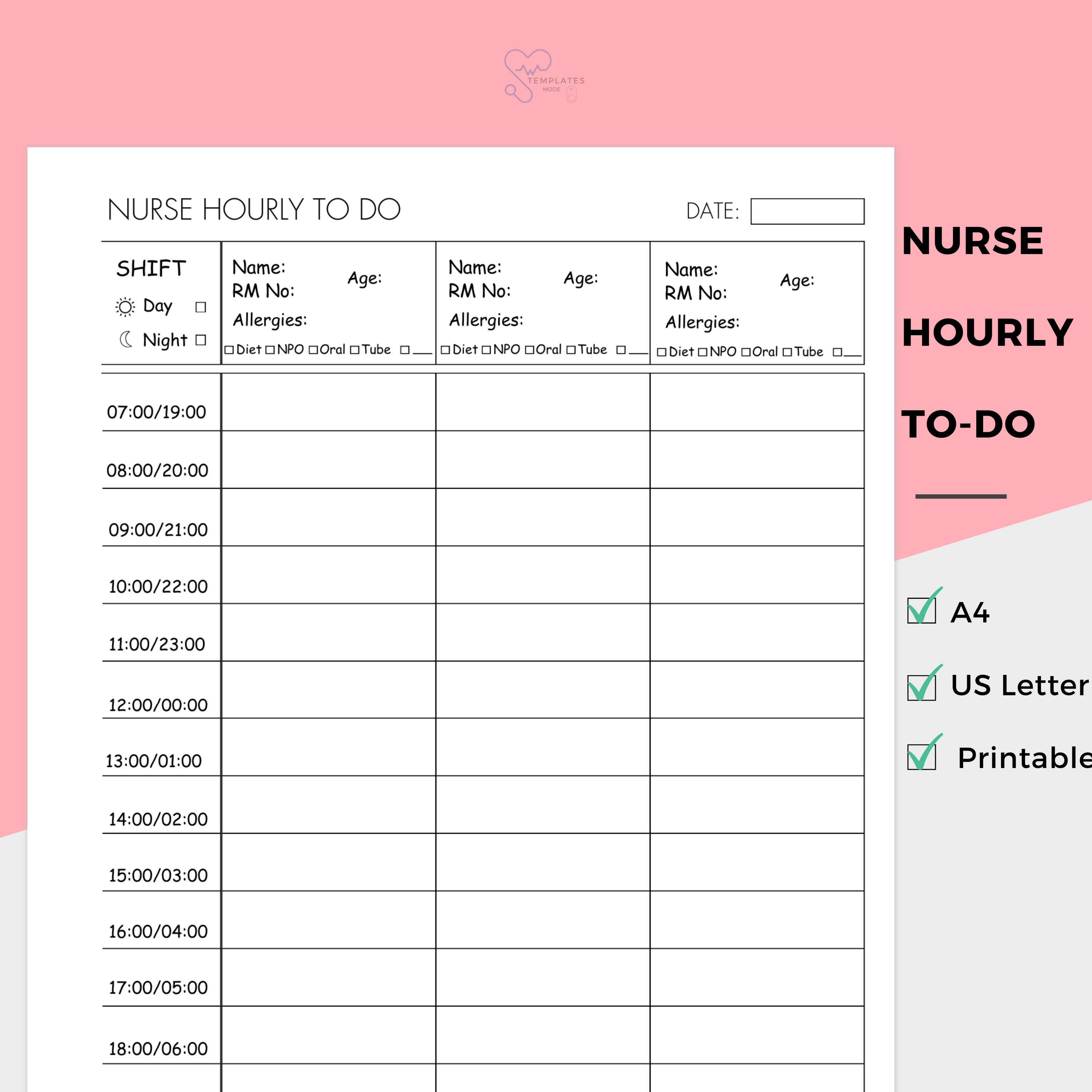 Nurse Hourly to Do, Printable Nurse Shift Planner, 3 Patient Medsurg