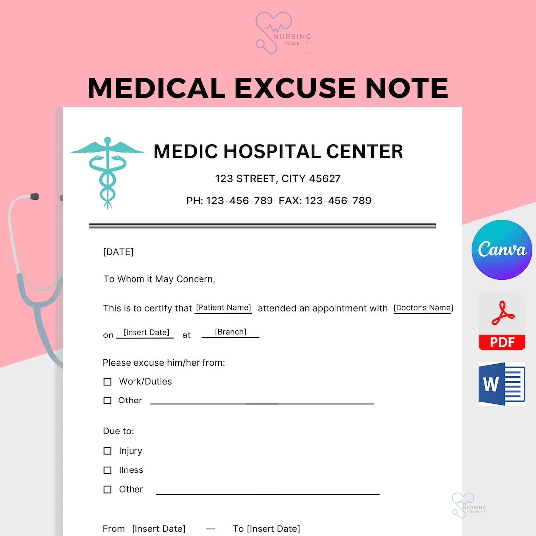 Medical Excuse Note, Doctors Excuse Letter, Excuse From Work, School