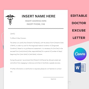 Entschuldigung des Arztes, Arztbrief, Schul- oder Arbeitsabwesenheitsbrief, Entschuldigung des Krankenhauses, vollständig bearbeitbar, sofortiger Download