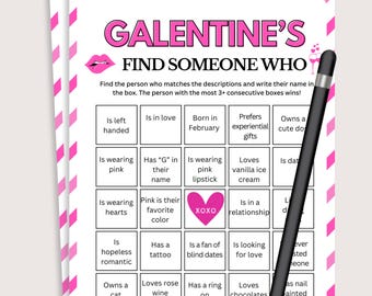 Galentines finden jemanden, der BINGO ist, lustige Galentines-Spiele für Sie, druckbare Galentines-Partyaktivitäten, Galentines-Tag-BINGO, finde den Gast