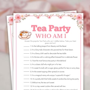 以下が含まれることがあります： ピンクと白のティーパーティーゲームシート、フローラルアクセント付き。「Tea Party WHO AM I」のテキストはピンク色で表示されています。ゲームには、ティーパーティーをテーマにしたなぞなぞが含まれており、楽しい集まりに最適です。