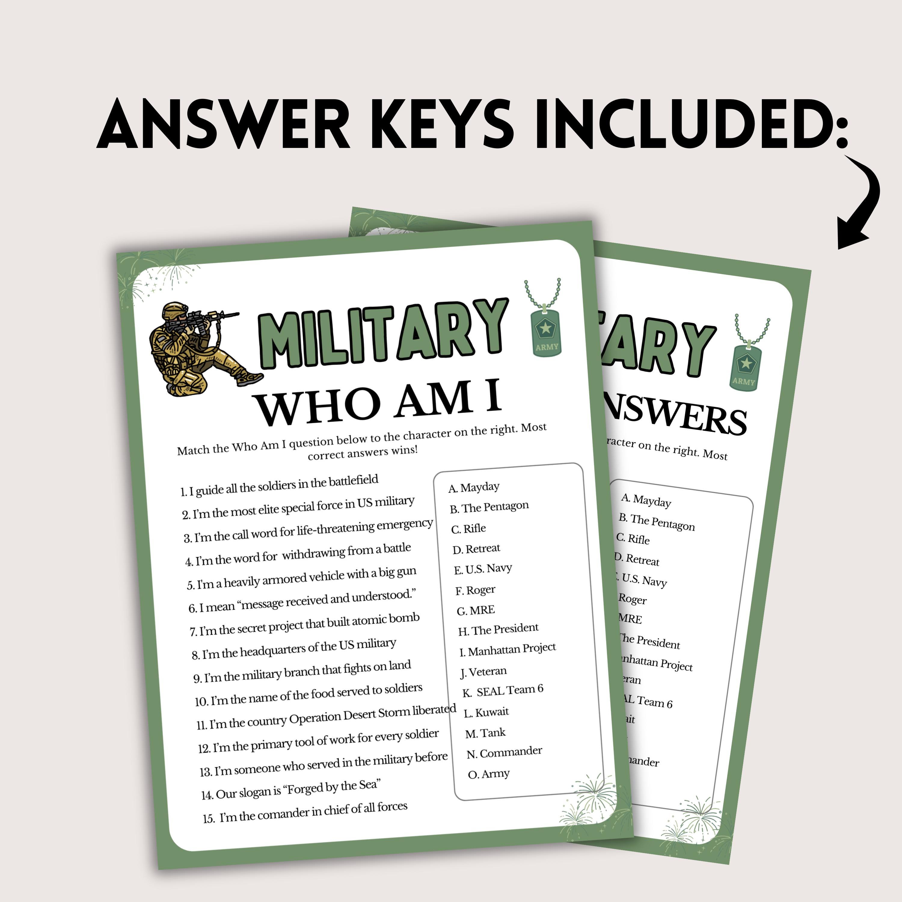Military Who Am I Riddles, Fun Military Games, Printable Military Theme ...
