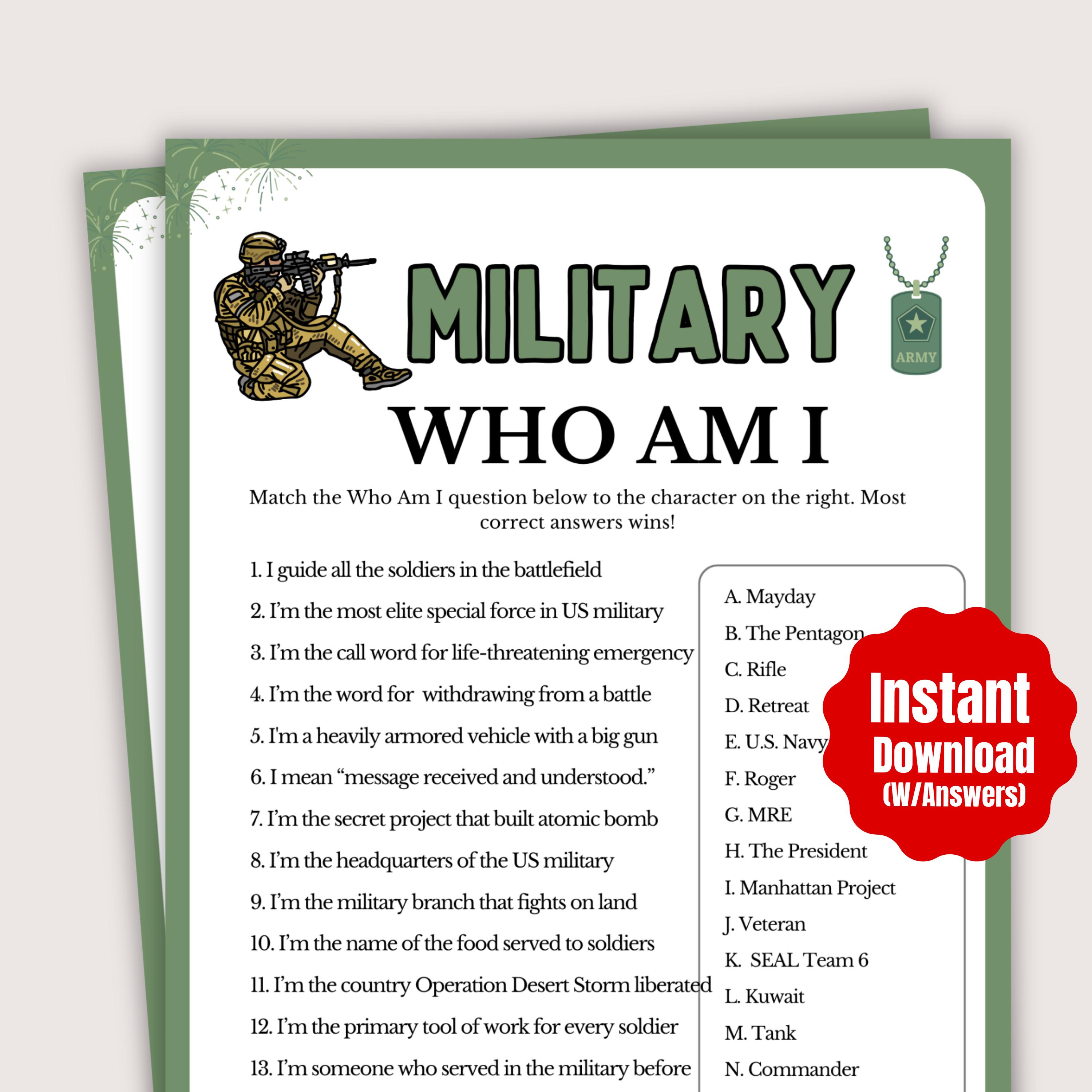 Veterans Riddle Military Who Am I Riddles, Fun Military Games, Printable Military Theme ...