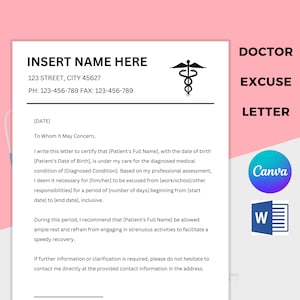 Bearbeitbare Arztnotiz, für Schule oder Arbeit, medizinische Entschuldigung, Krankenhaus Brief Vorlage, Canva, Word Dokument, Sofort Download