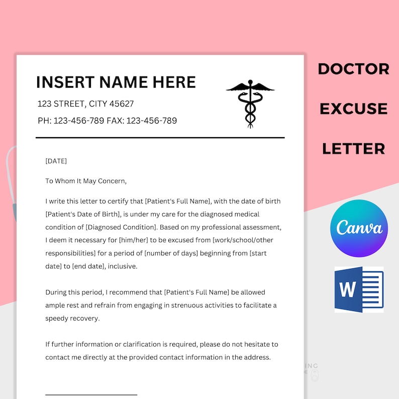 Editable Doctors Note, for School or Work, Medical Excuse Letter