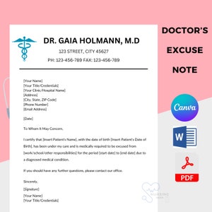 Nota de carta de excusa del médico editable, carta de baja por enfermedad médica imprimible, carta de nota de excusa, descarga instantánea