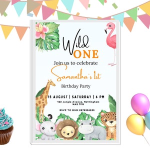 Wild One Jungle birthday invite | Printable Birthday Invitation | 5X7 in| Digital Download | Editable Party Animals Birthday Invitation