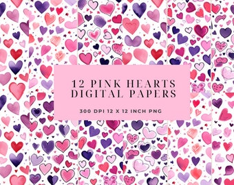 Paquete de papel digital con patrón de corazón rosa de 12, patrón imprimible repetido sin costuras, archivo de descarga instantánea, diseños de moda / Uso comercial