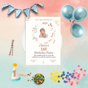 Invitación editable de primera fiesta de cumpleaños / personalizable con foto / Descarga instantánea / Canva editable / plantilla de invitación con foto