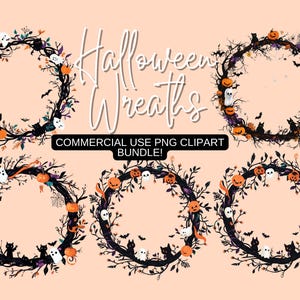 Halloween Wreath Clipart Bundle - Watercolor Halloween Designs - Digital Download - Commercial Use