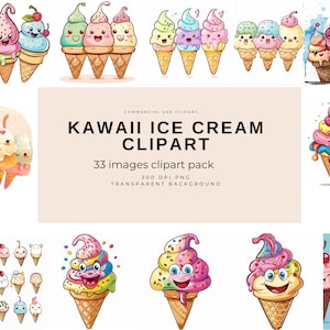Clipart Kawaii / Dolcetti estivi gelidi / Gelato Svg / Grafica vettoriale dolce stampabile / Png Clipart coni gelato / Eps. Uso commerciale