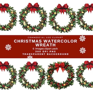 Red and Green Christmas Wreath Clipart -Festive Decor - Ideal for Scrapbooking and Invitations - Instant Download, transparent background.